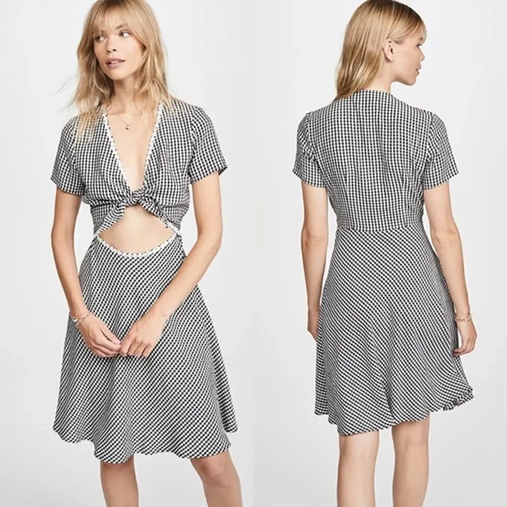 NEW SOLID AND STRIPED BLACK WHITE GINGHAM PRINT CUTOUT KNEE LENGTH DRESS MEDIUM